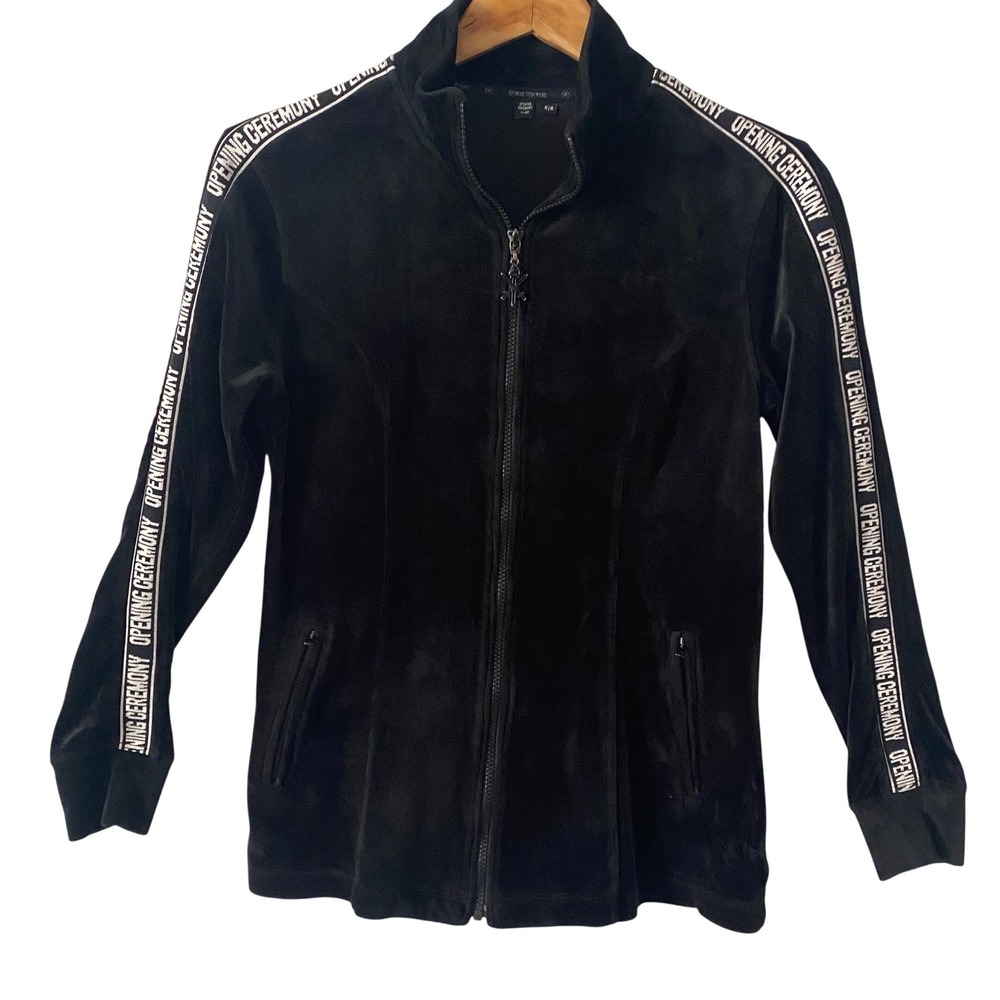 Opening Ceremony Women Sz Med Black Velour Track Streetwear Jacket Logo Zip Up